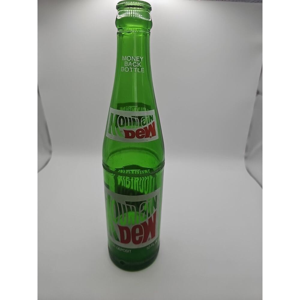 Vintage Mountain Dew 10 Oz Bottle 1970s Retro Soda Green Glass (0019)